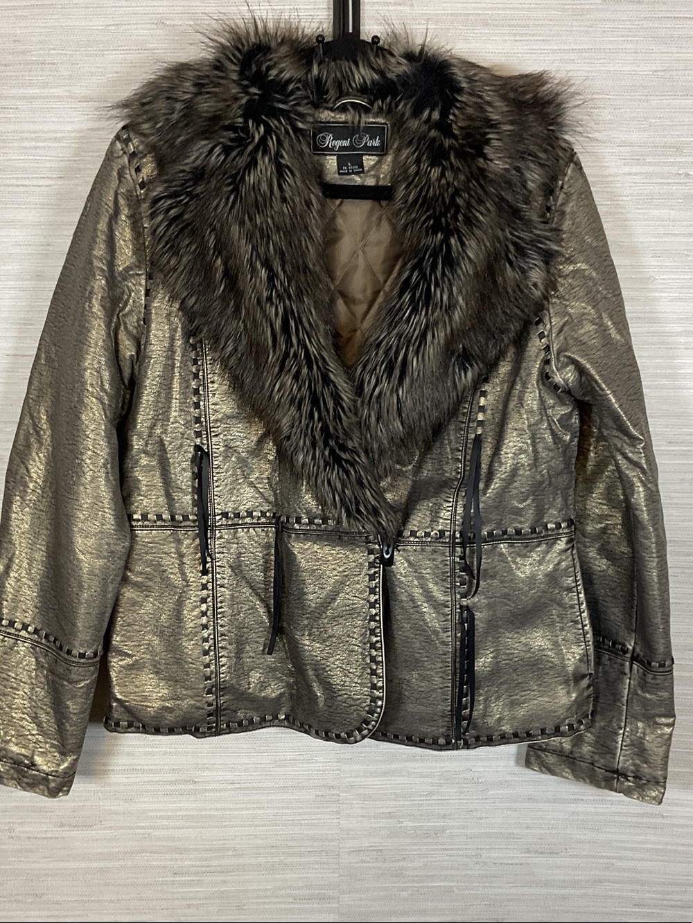 Vintage Regent Park Metallic Faux Fir Trim Toggle Button Jacket Quilted Lg Y2K